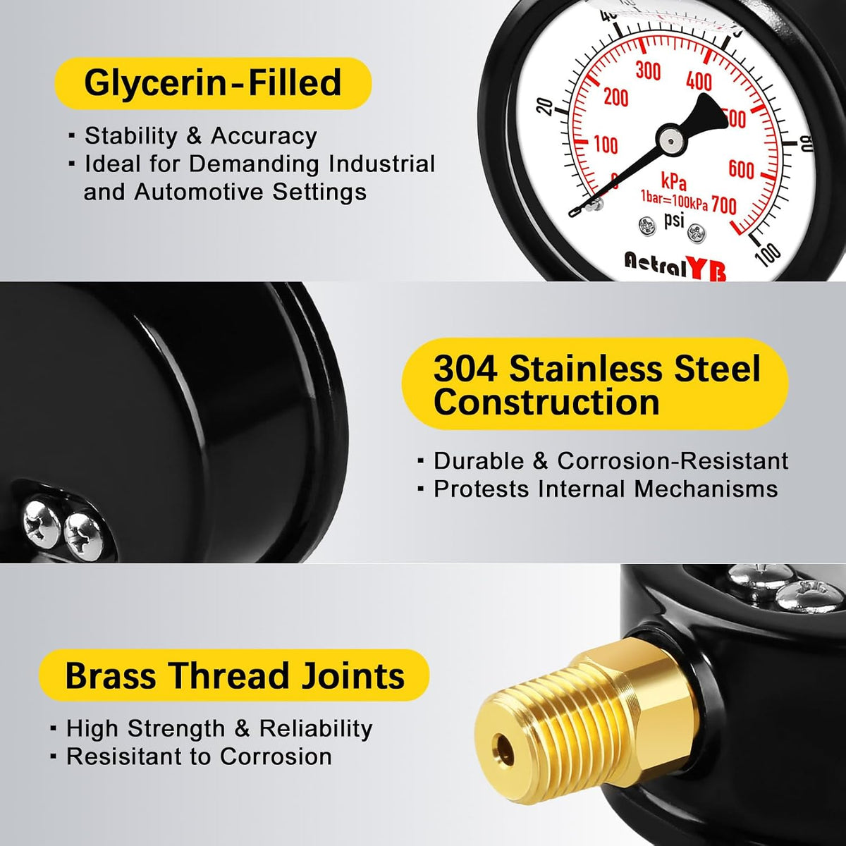 100Psi 2.5Inch Lower Mount Water Pressure Gauge 1/4 NPT | Glycerin Filled, Stainless Steel Case, for Home Water Pressure Testing, Well Tank, Pump, Pool Filter Monitoring