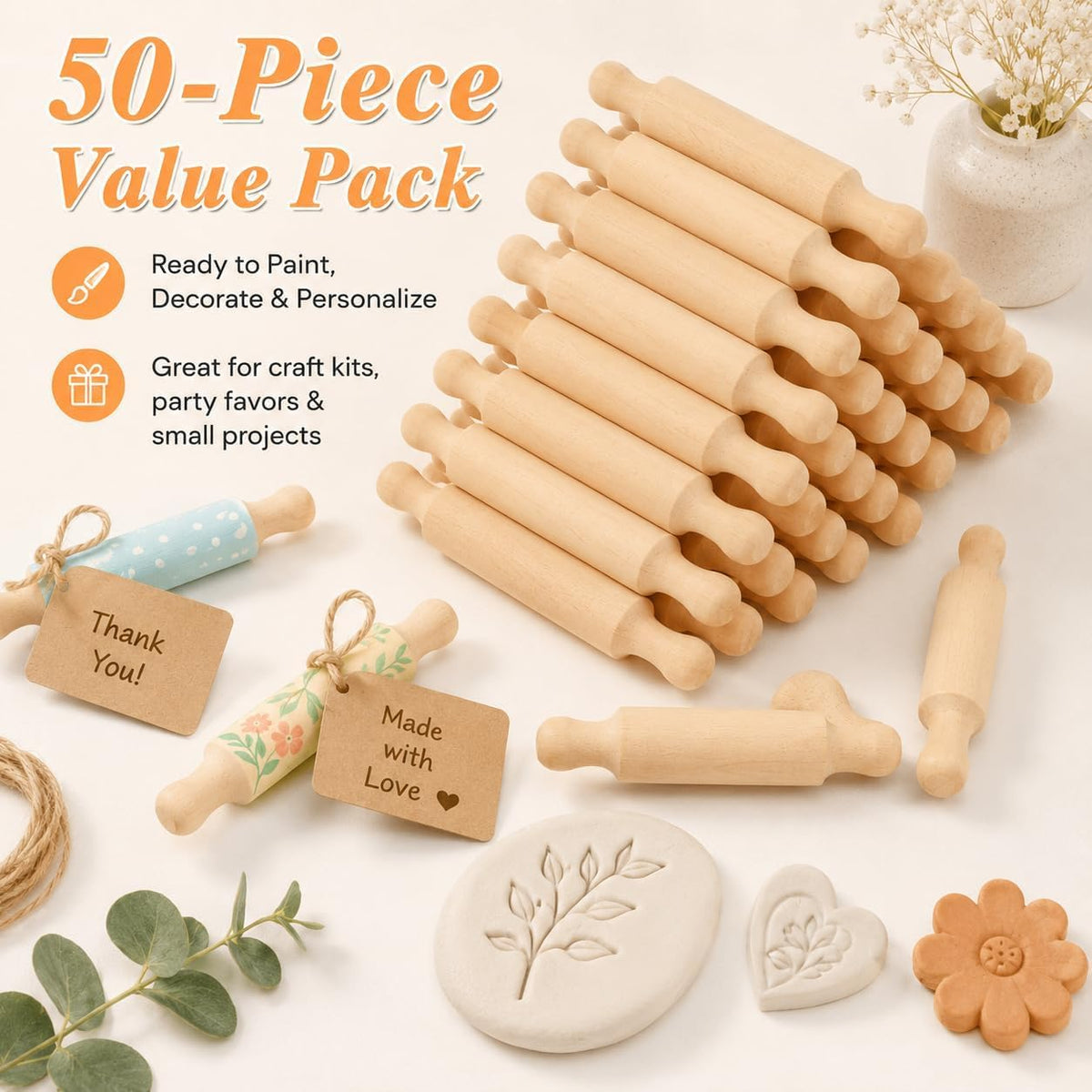 50Pcs Mini Rolling Pin, 5.5 Inches Mini Wooden Rolling Pins, Small Dough Rolling Pins for Imaginative Play and Baking Pastry Pizza Cookie Create, Halloween and Christmas Presents