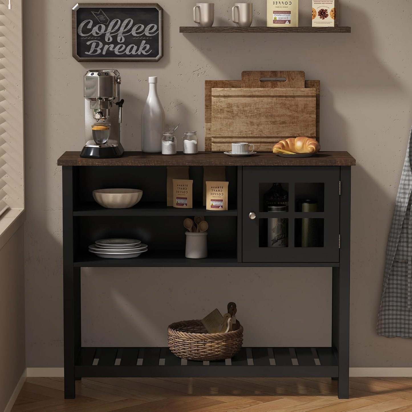 ChooChoo Farmhouse Coffee Bar Cabinet, 40" W Buffet Cabinet with Glass Door | Sideboard Buffet with Storage, Console Table, Black