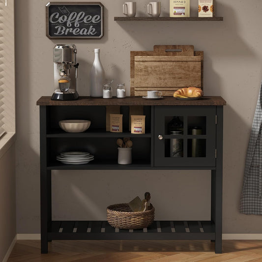 ChooChoo Farmhouse Coffee Bar Cabinet, 40" W Buffet Cabinet with Glass Door | Sideboard Buffet with Storage, Console Table, Black