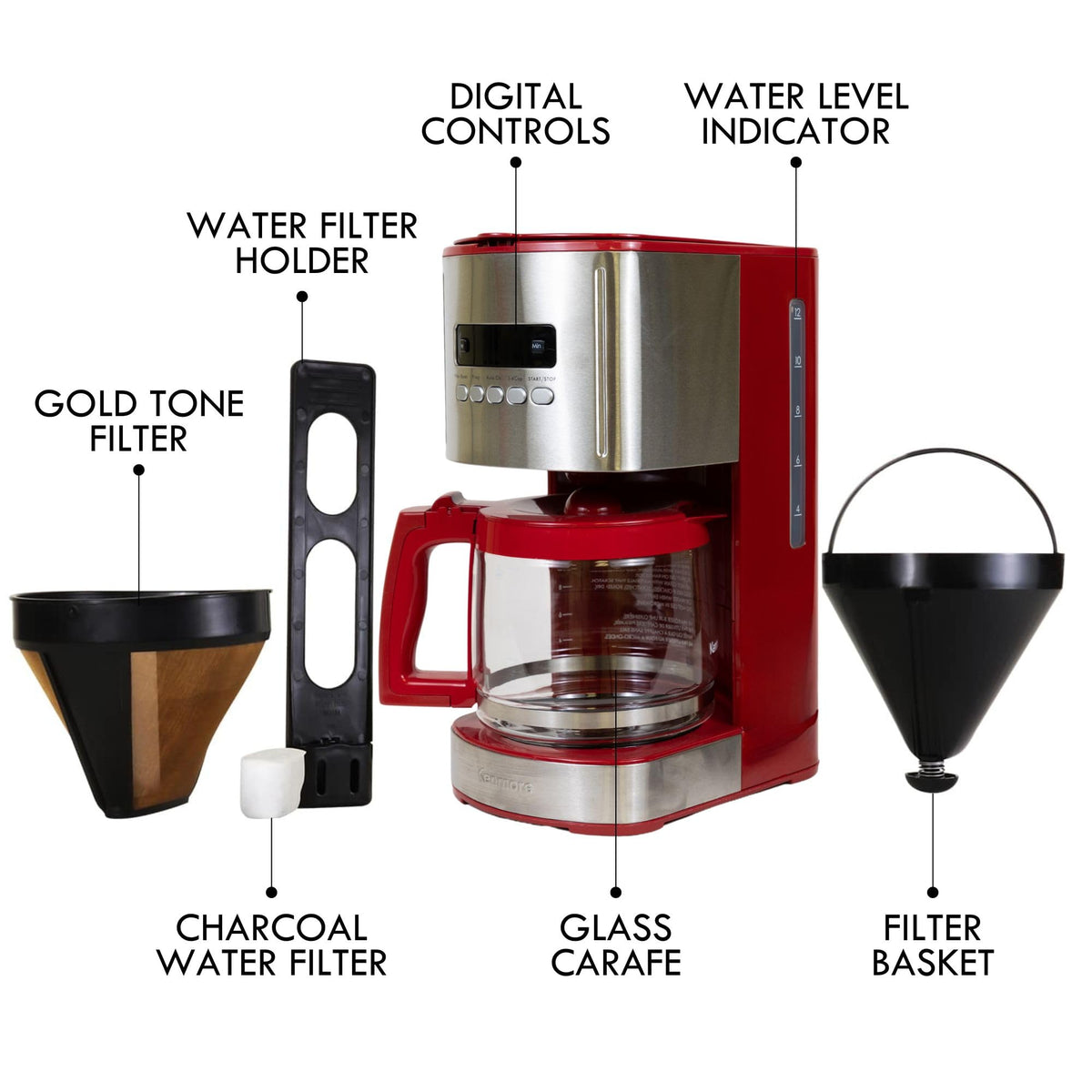 Koolatron Kenmore 12-Cup Coffee Maker, Glass Carafe, Cafetera Programable, Red
