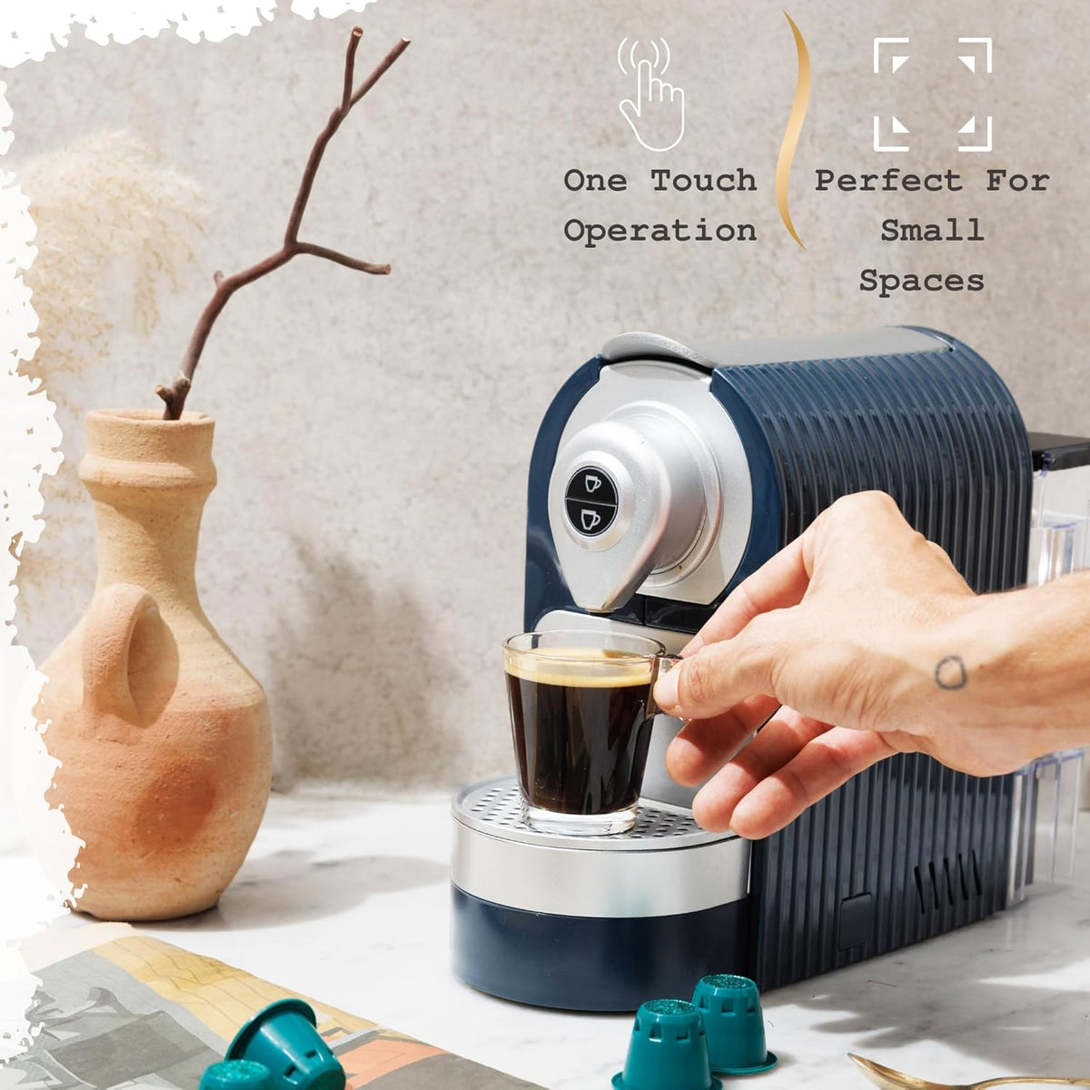 Mixpresso Espresso Machine, Compatible with Nespresso OriginalLine Capsules | 1400W single serve coffee maker with one-touch operation, 19-bar Italian pump and 27oz water tank, blue