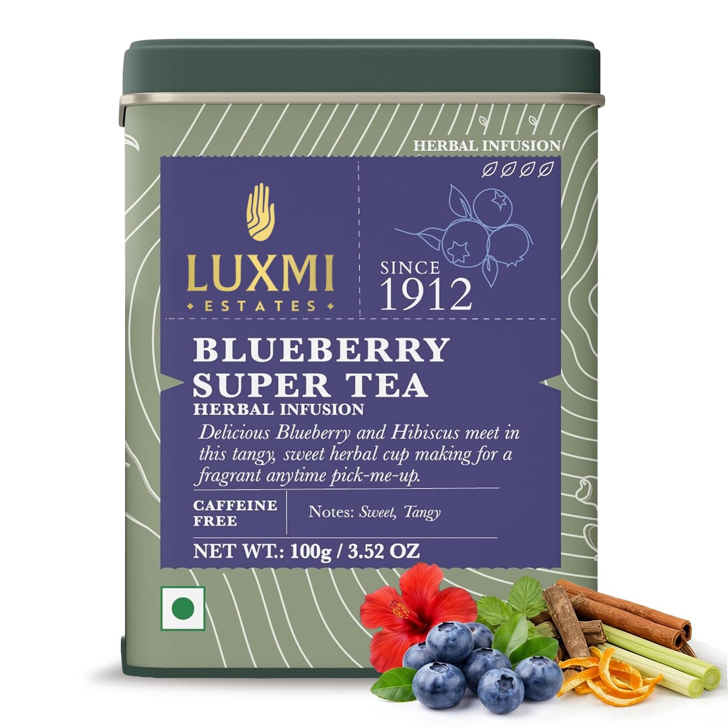 Luxmi Estates Blueberry Super Herbal Tea | Loose Leaf in Resealable Tin Caddy, 100g (3.5oz, ~50 Cups) | Caffeine-Free Fruit Herbal Infusion with Real Blueberry Bits, Hibiscus, Rosehips, Lemongrass, Orange Peel, Licorice, Lemon Balm &amp; Cinnamon