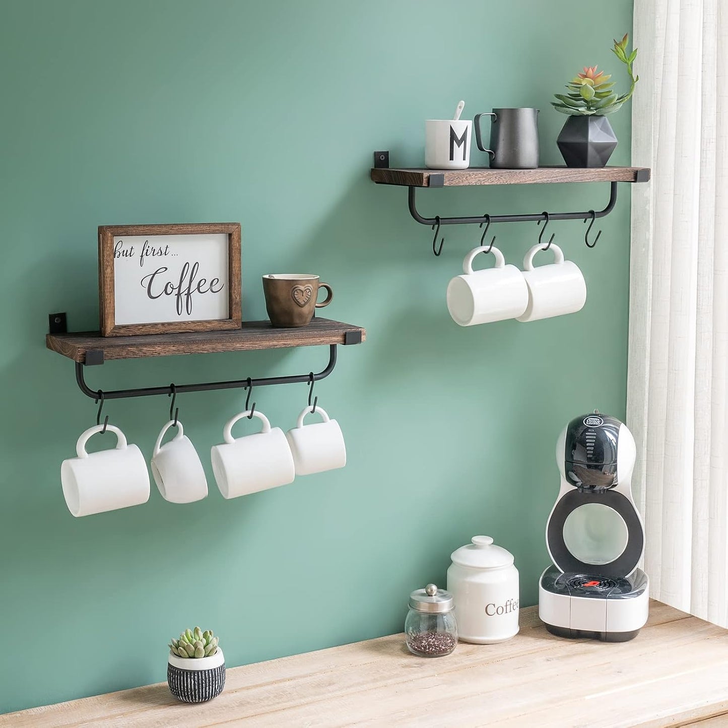 Mkono Coffee Bar Shelves, Wall Mounted Rustic Mug Rack with Hooks, 2 Pack