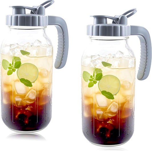 64 Oz Glass Mason Jar Water Pitcher With Lid Wide Mouth Sun Tea Pitchers | Half Gallon Cold Hot Water Jug Carafe For Coffee Lemonade Beverage Milk Iced Tea Container For Fridge Store Leak-Proof