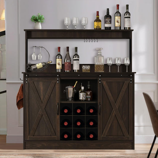 4ever2buy Farmhouse Coffee Bar Cabinet with 9 Wine Racks and 6 Hooks, 47 Inch Wine Cabinet with Storage, Kitchen Buffet