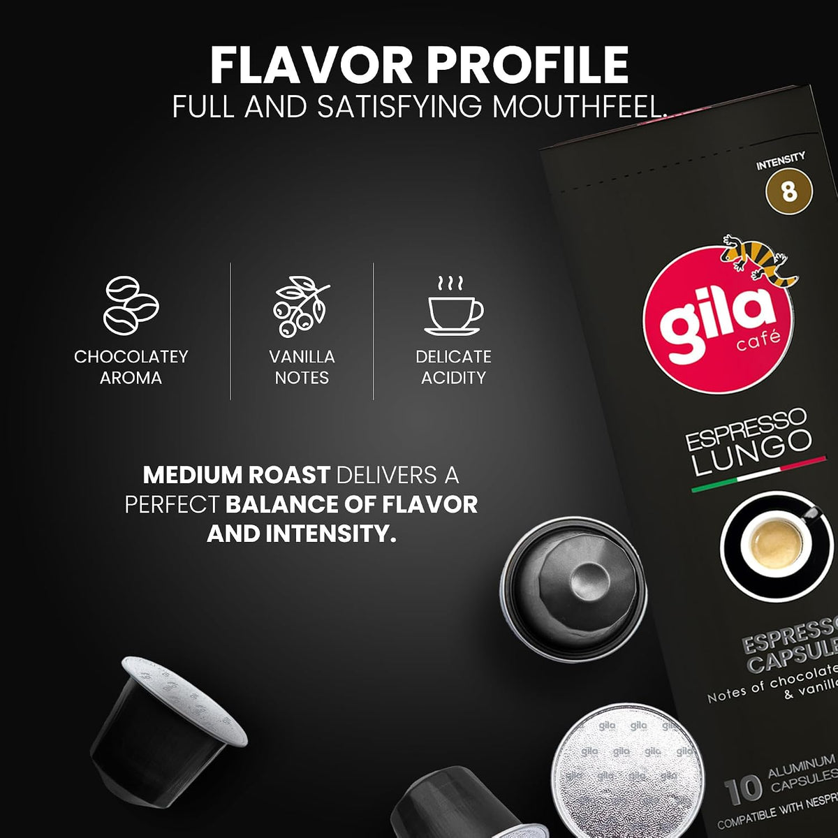 gila cafe Lungo Coffee Capsules, Nespresso Original, Medium Roast, 60ct