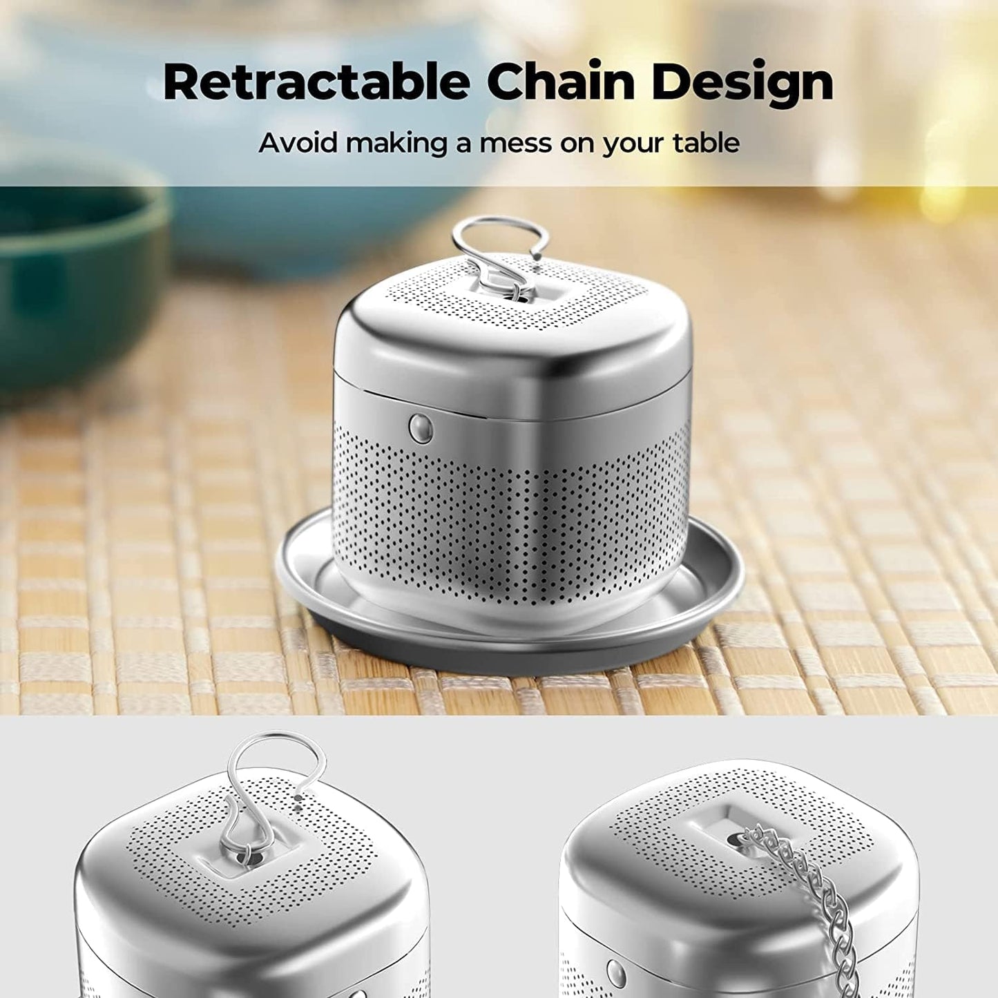 Reinmoson 2 Pack Tea Balls for Loose Tea, 304 Stainless Steel Extra Fine Mesh Tea Infusers for Loose Tea, Retractable Chain Design Tea Strainers for Loose Leaf Tea Single Cup, Come with 2 Drip Trays