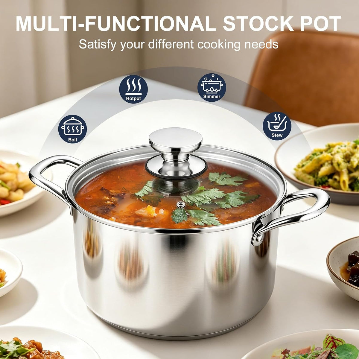 P&P CHEF 6 Quart Tri-Ply Stainless Steel Stock Pot, 6 Qt Stockpot Pasta Cooking Pot with Visible Lid for Soup Vegetable, Induction Cookware for All Stoves, Sturdy & Double Handle, Dishwasher Safe
