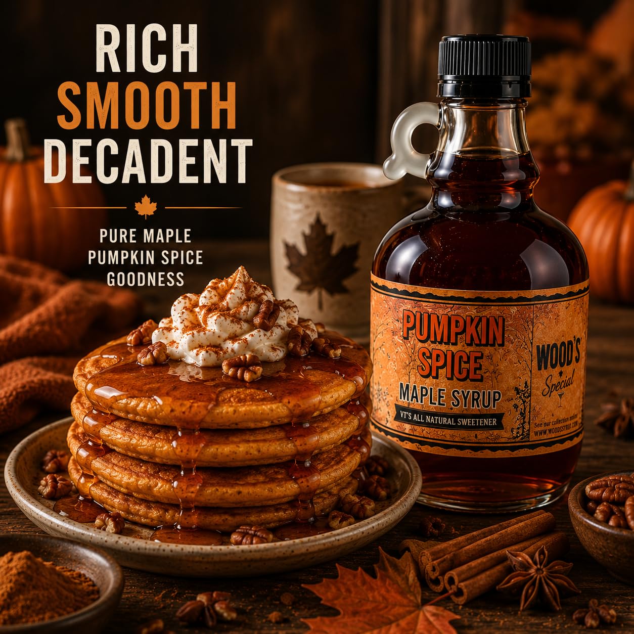 WOOD'S Pumpkin Spice Maple Syrup – Small-Batch Vermont Maple Syrup Infused with Cozy Fall Spices | Natural, Vegan Sweetener for Coffee, Pancakes, Baking &amp; More | 8.45 Fl Oz (250mL)