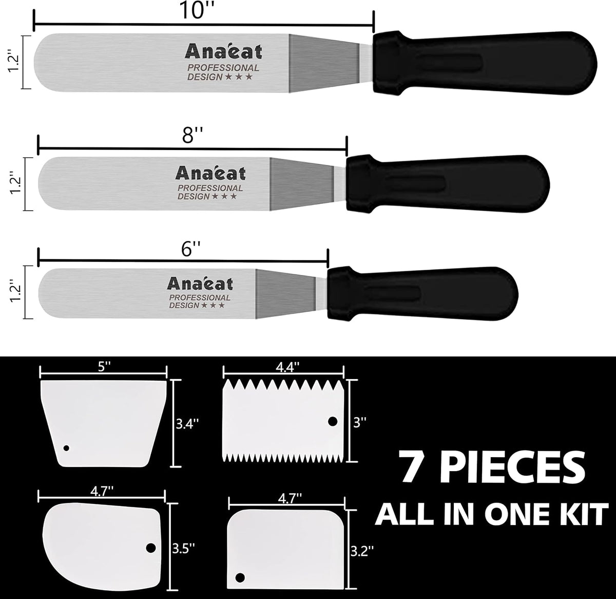 Anaeat Icing Spatula, 3 Pieces Professional Angled Offset Frosting Spatulas with 6", 8", 10" Stainless Steel Blades &amp; 4 Pack Cake Smoother Scraper for Cake Decorating, Baking &amp; Pastry (Set of 7)