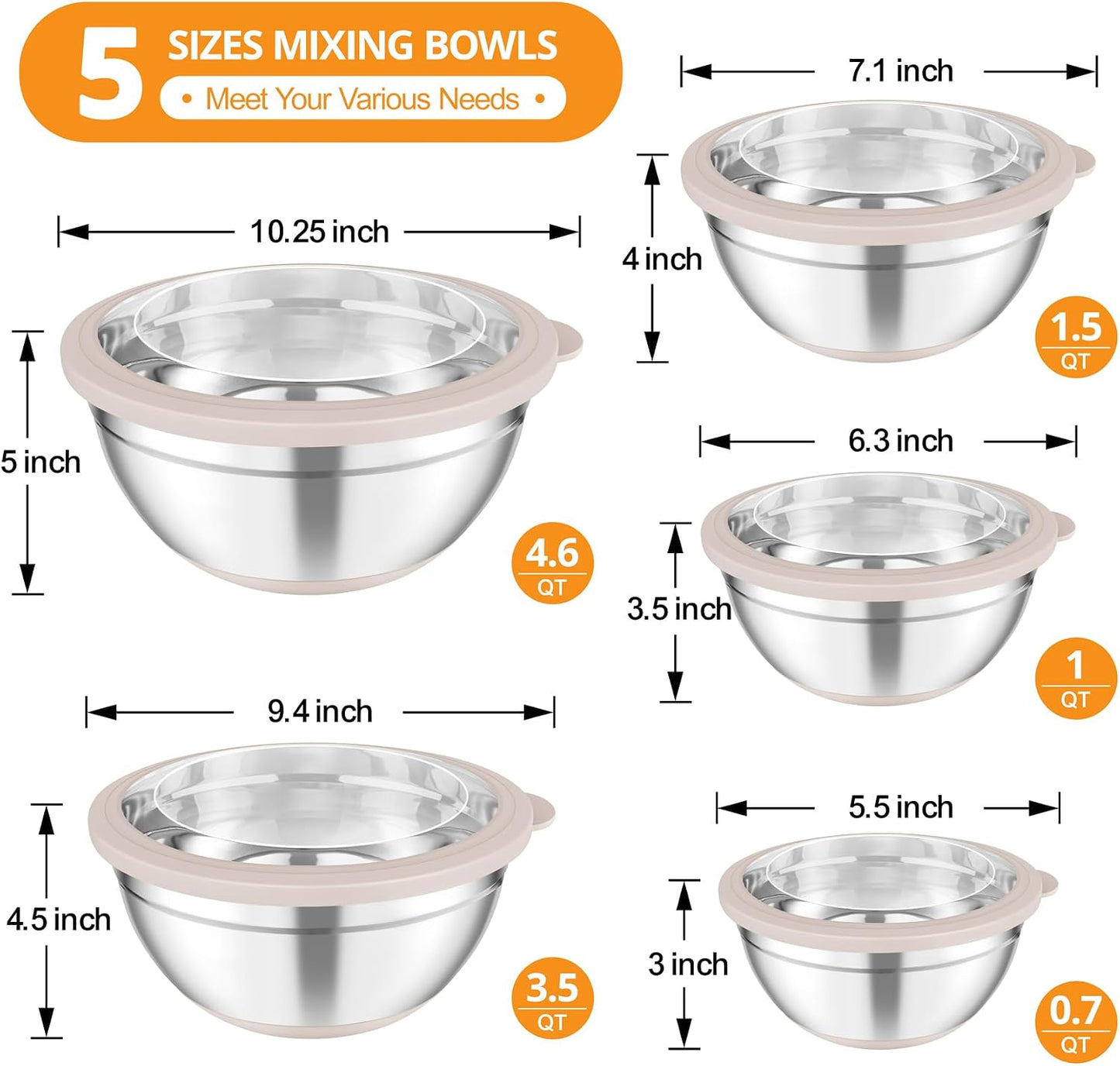 TeamFar Mixing Bowls, Salad Bowls with Transparent Airtight Lids, Khaki | 5PCS Stainless Steel Serving Bowls For Kitchen Mixing/Baking/Storing/Prepping, Non-Slip Bottom - 4.6/3.5/1.5/1 / 0.7 QT