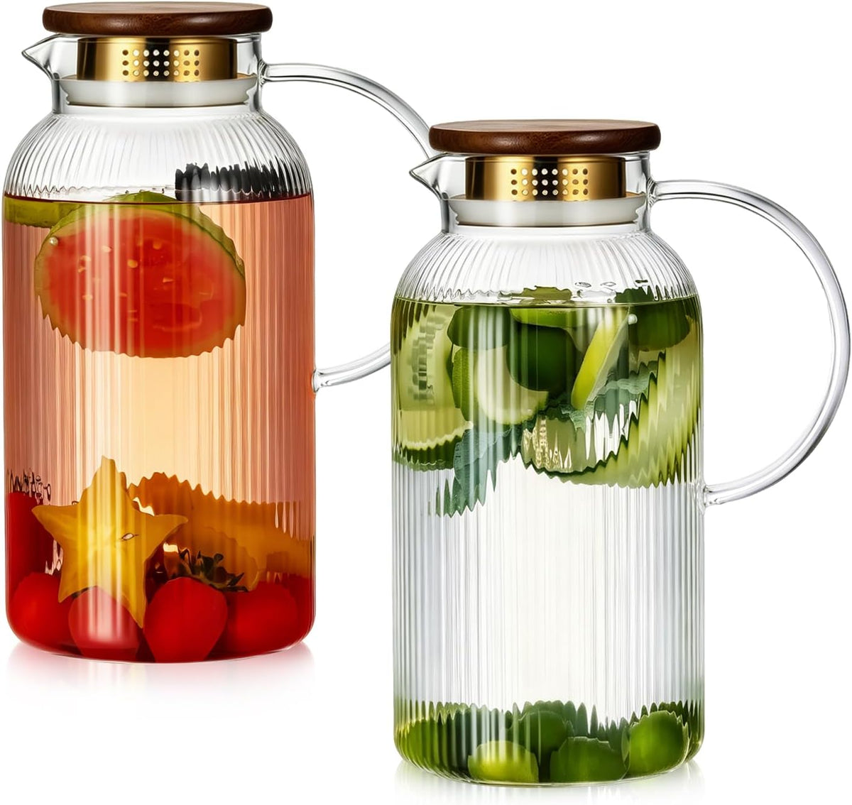 Buaic 2 PACK Glass Pitcher with Lid, 68oz/ 2 Liter Glass Water Pitcher | Classic Vertical Stripes Water Pitcher with Wooden Lids and Widened Handle, Glass Water Carafe for Iced Tea,Beverage,Hot/Cold