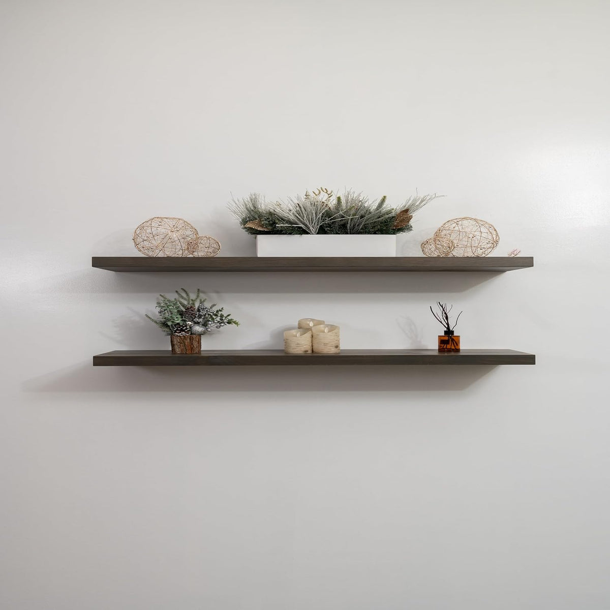 URBANDI, Rustic Floating Shelves, Set of 2, Hidden Bracket, Solid Wood, Heavy Duty, Wall Mounted Shelves, (Grey, 24Wx6D)