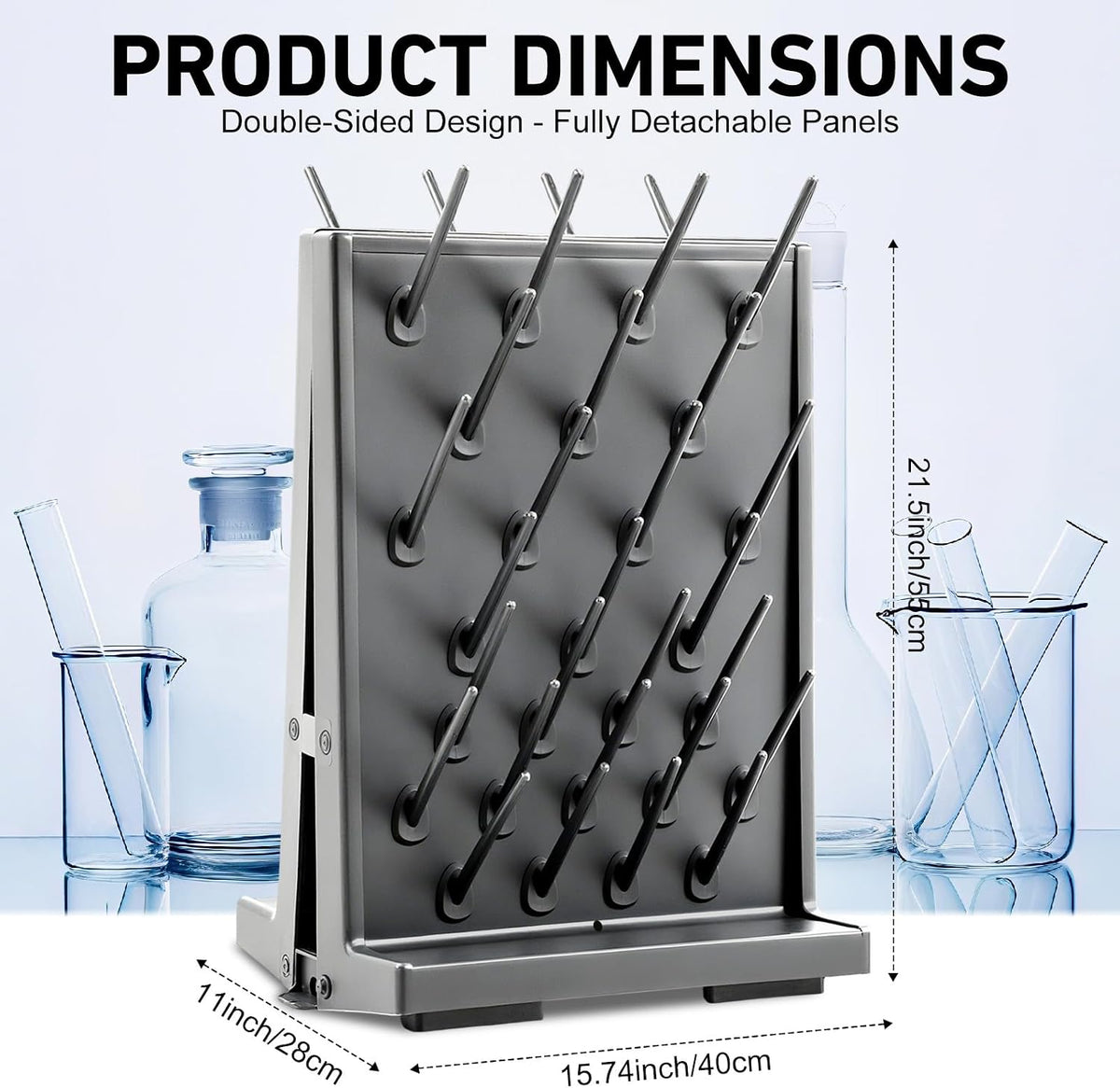 Pushglossy 1 Pcs 54 Pegs Lab Drying Racks Double Sided Pegboard Bench-top Wall-Mount Laboratory Glassware PP Test Tube Drying Draining Rack Cleaning Equipment Detachable