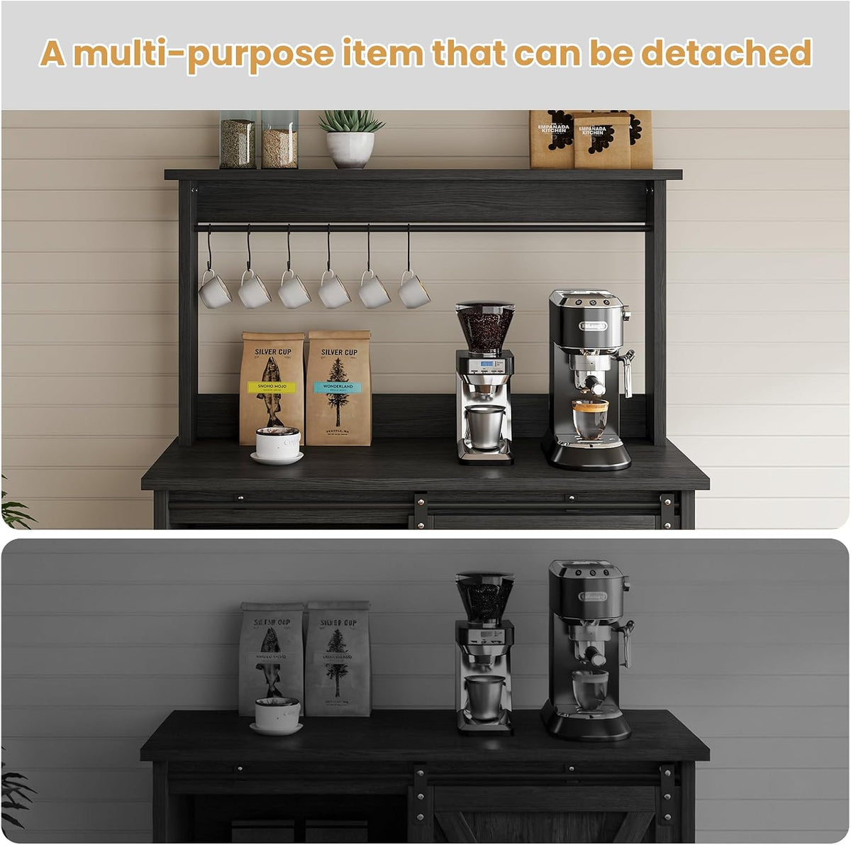 4ever2buy 31" Farmhouse Coffee Bar Cabinet with Storage Hutch, Grey