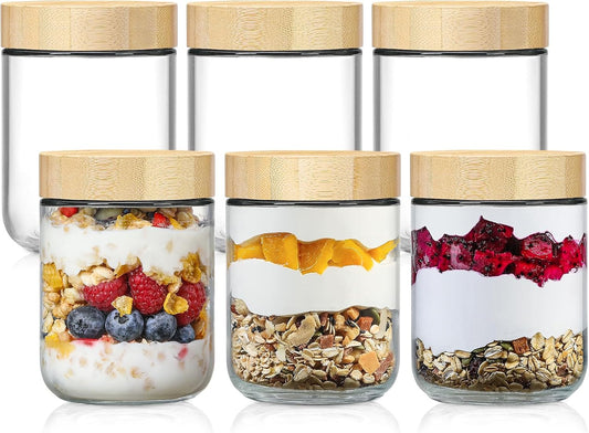 NETANY 6-pack 16oz Glass jars with Airtight Lids, Overnight Oats Containers with Bamboo Lids, Wide mouth Mason Salad jars,