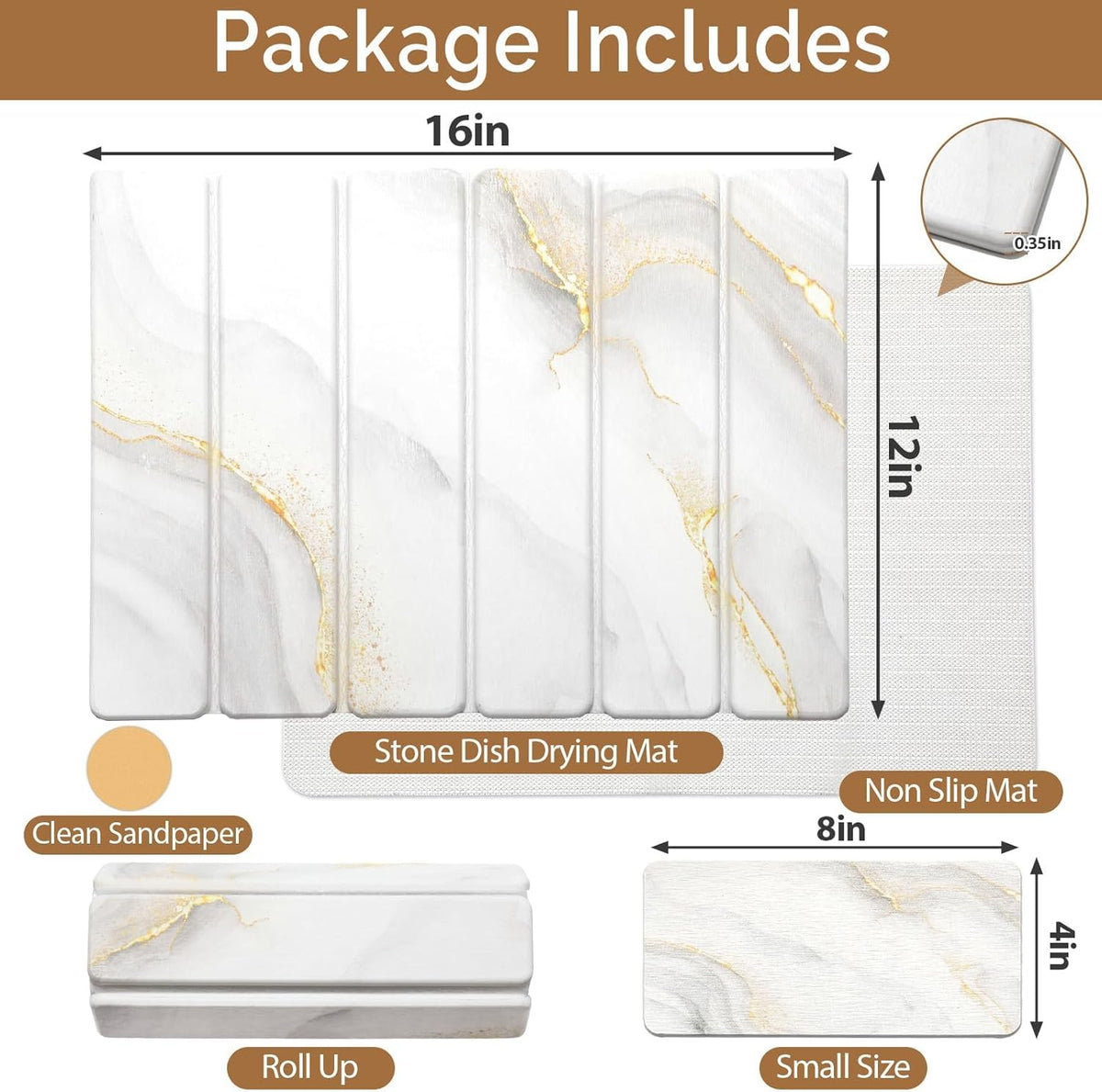 2 PCS Stone Dish Drying Mat for Kitchen Counter,Quick Dry Stone Dishes Mats,Marbled Water Absorbing Diatomaceous Earth Drying Pad for Countertop Bottles Utensils Cups(Gold White 16"×12" & 8"x4")