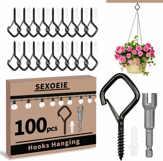 100 PCS Black Eye Screw Hooks for Hanging Heavy Duty with Safety Buckle.Metal Ceiling Hooks for Hanging Plants Cup Wind