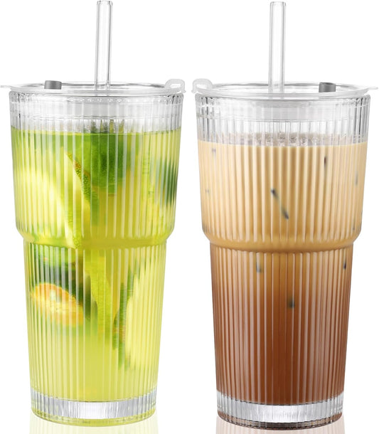 20 Oz Glass Cups with Lid and Straw 2 Set, Glass Tumbler with Straw and Lid, Vintage Glassware for Whiskey Cocktail Beer,