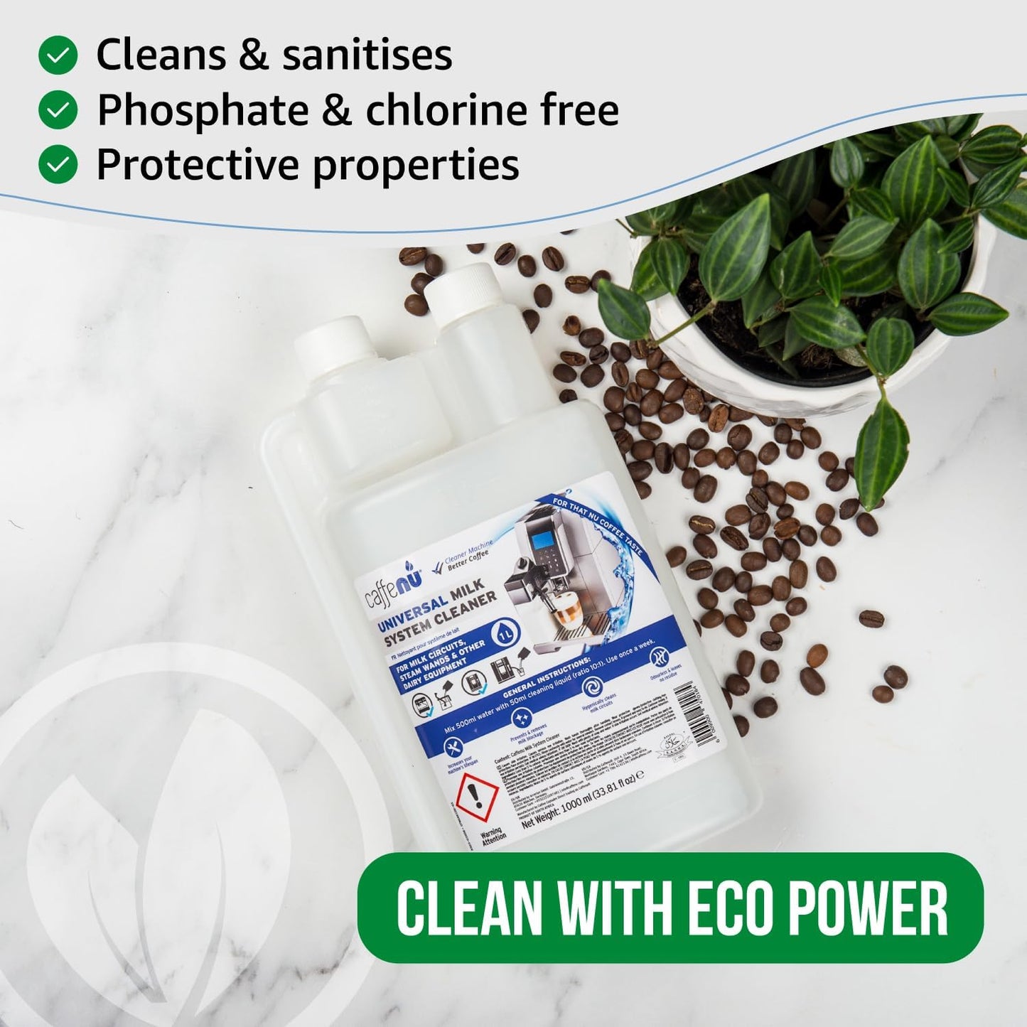 Caffenu Universal Milk System Cleaner, Use on All Machines, 33.8fl oz/1 L | (1 Liter) Professional Alkaline Liquid - Cleaner for Steam Wands, Automatic Milk Circuits - Removes Milk Blockages &amp; Odors