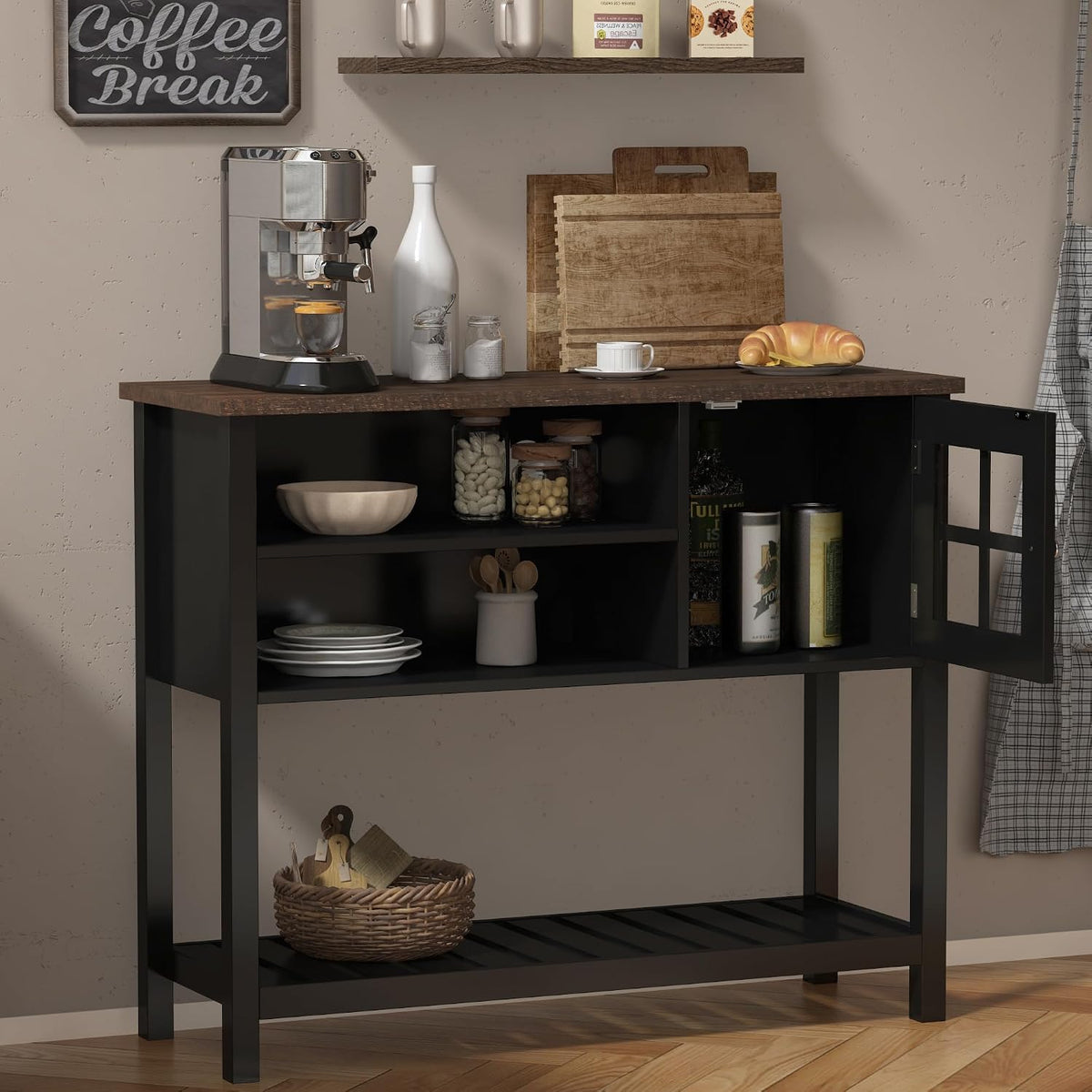 ChooChoo Farmhouse Coffee Bar Cabinet, 40" W Buffet Cabinet with Glass Door | Sideboard Buffet with Storage, Console Table, Black