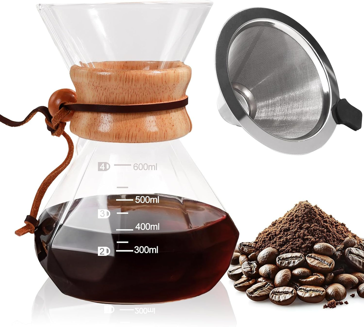 Pour Over Coffee Maker 600ml with 304 Stainless Steel Filter and Wooden Collar Holder Borosilicate G