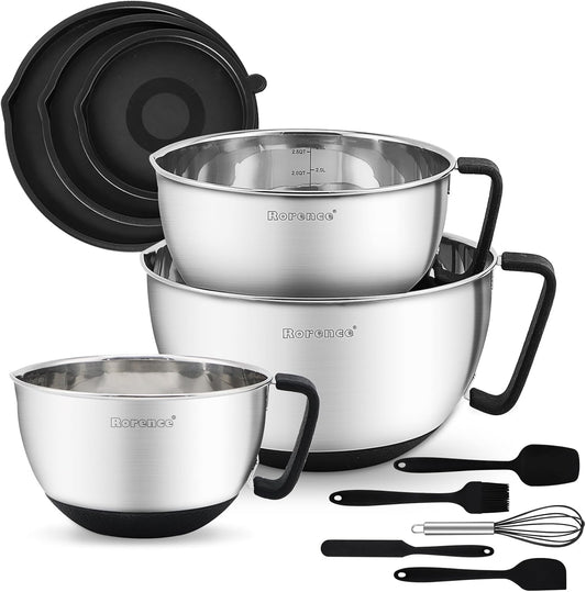 Rorence Stainless Steel Mixing Bowls: Metal Mixing Bowl Set with Lids and Handles Non-slip Silicone Bottom Nesting Bowls for