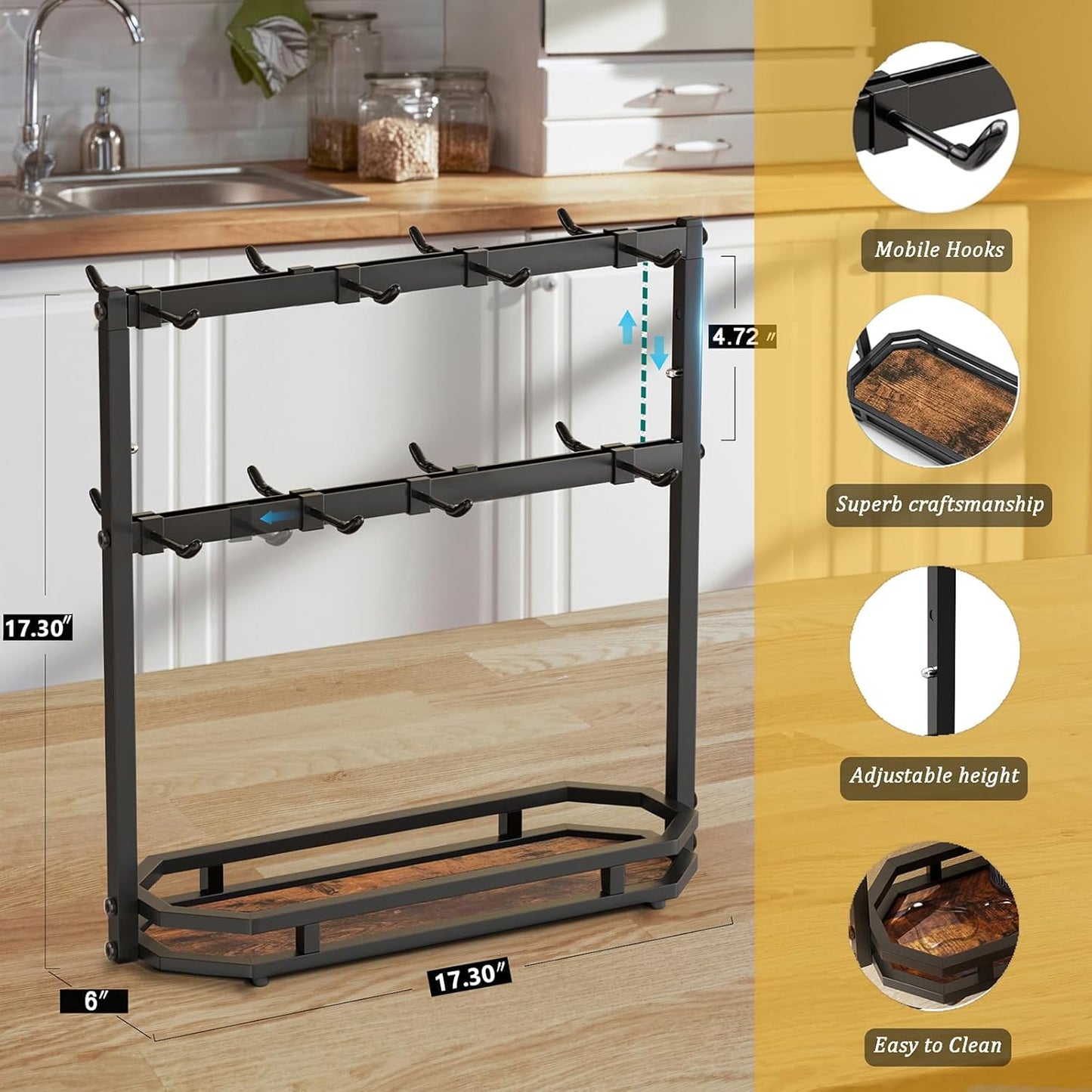 Coffee Mug Holder with Movable Hooks,16 Capacity Coffee Cup Holder for Countertop, Metal Mug Tree Holder Rack with Storage