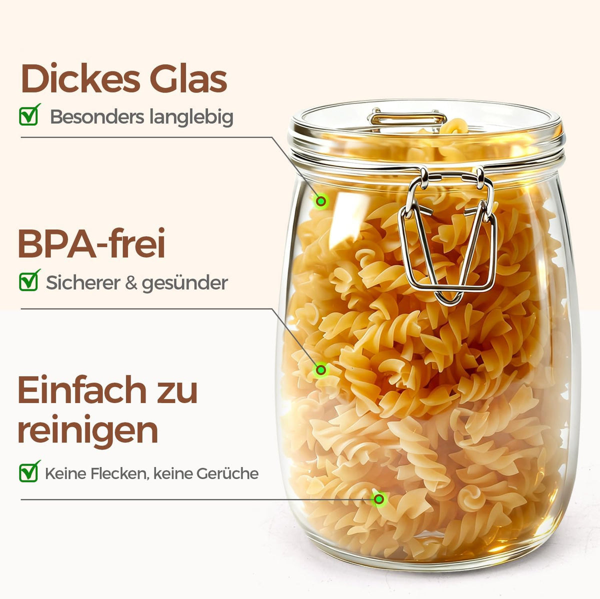ComSaf Airtight Glass Canister Set of 3 with Lids 34oz Food Storage Jar Round - Storage Container with Clear Preserving Seal Wire Clip Fastening for Kitchen Canning Cereal,Pasta,Sugar,Beans,Spice