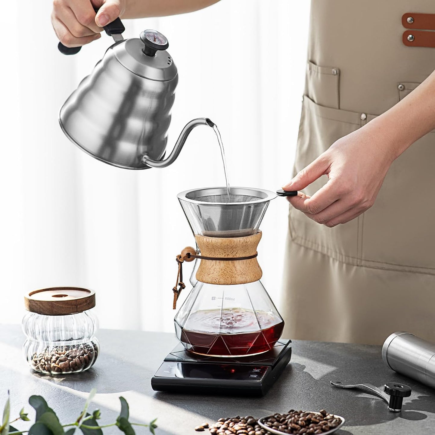 Pour Over Coffee Maker Set – 40oz Gooseneck Kettle with Thermometer, Coffee Grinder &amp; 20oz Drip Coffee Maker – Stainless Steel Pour Over Coffee Set
