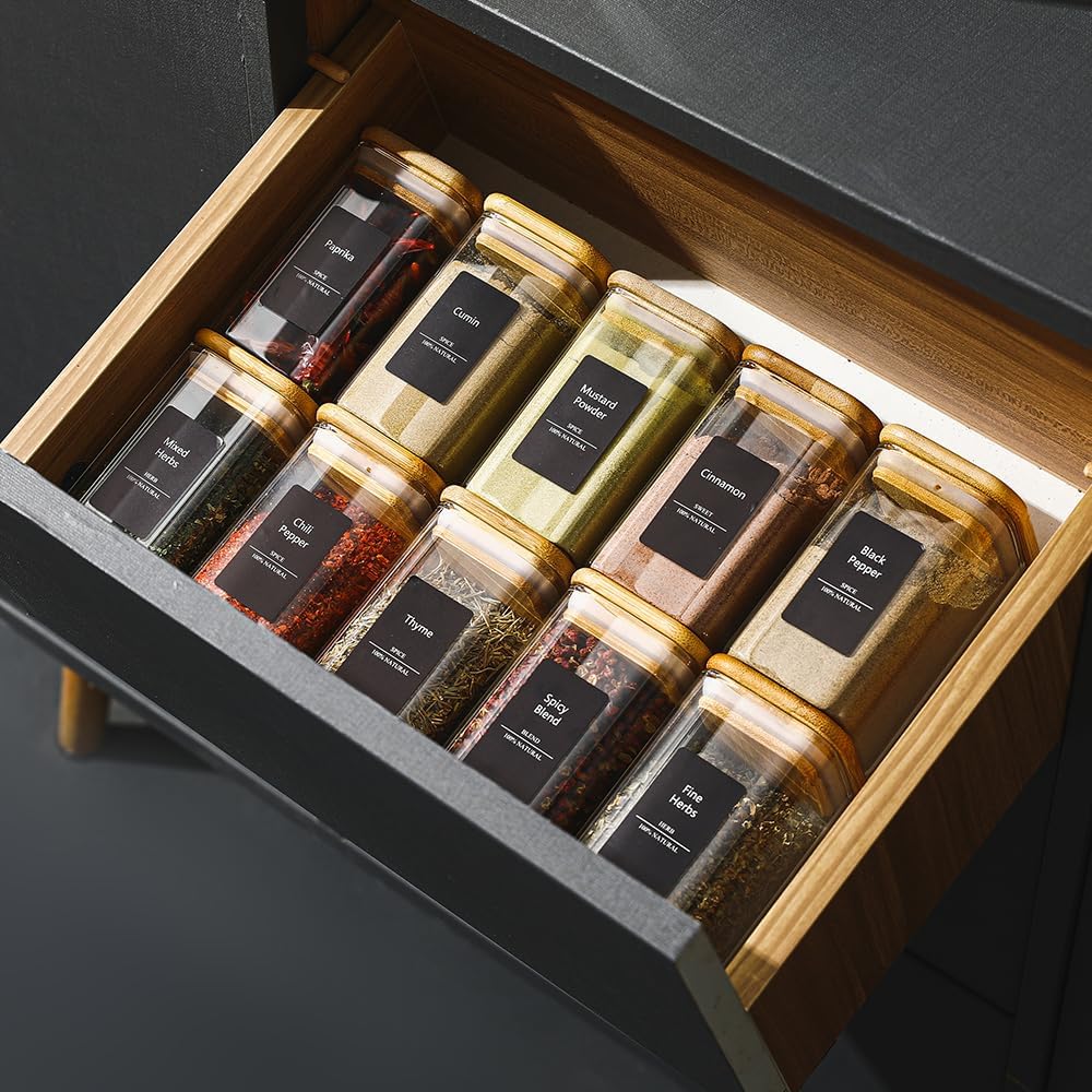 12Pcs 9oz Spice Jars Glass Container with 275 Labels, Airtight Seasoning Empty Organizer with Bamboo Lid Set for Food Storage, Salt, Sugar