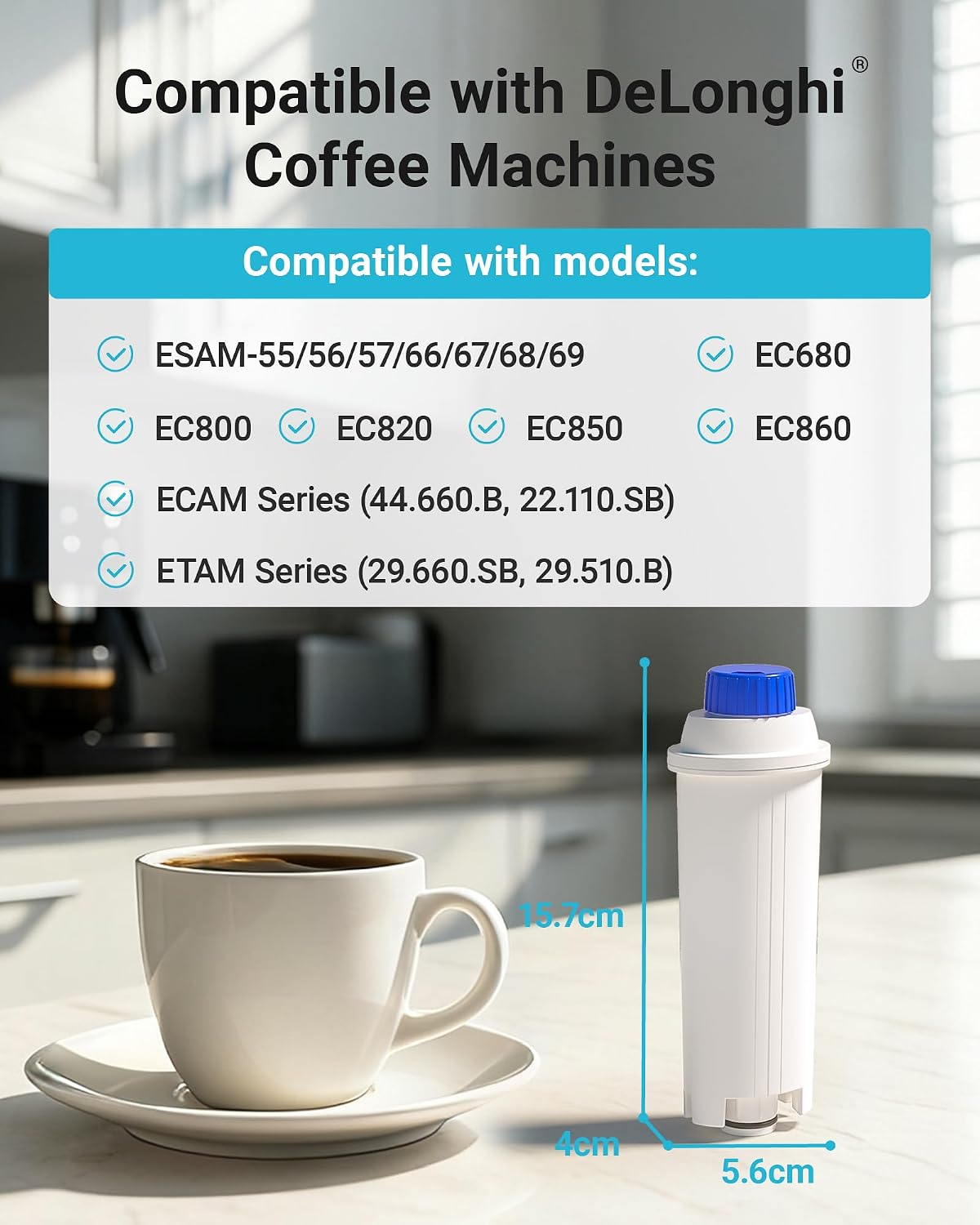 AQUA CREST DLS C002 Filter Replacement for De'Longhi® DLS C002, 4 Pack | Compatible with De'Longhi® EC680, ECAM/EPAM/ETAM All Series Coffee Machines, De'Longhi® Magnifica Evo Water Filter, 4 Pack