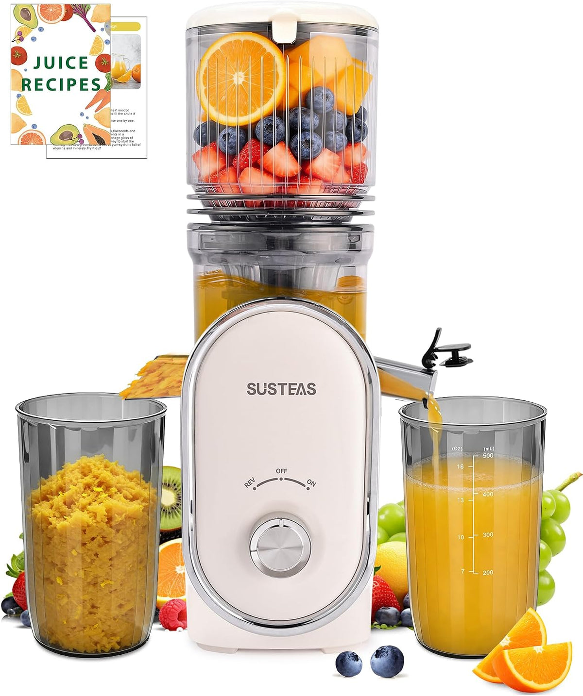 SUSTEAS Cold Press Juicer, 5.3" Feed Chute Slow Masticating Machines with 300W, Fit Whole Fruits & Vegetables, Easy to Clean, High Juice Yield, White