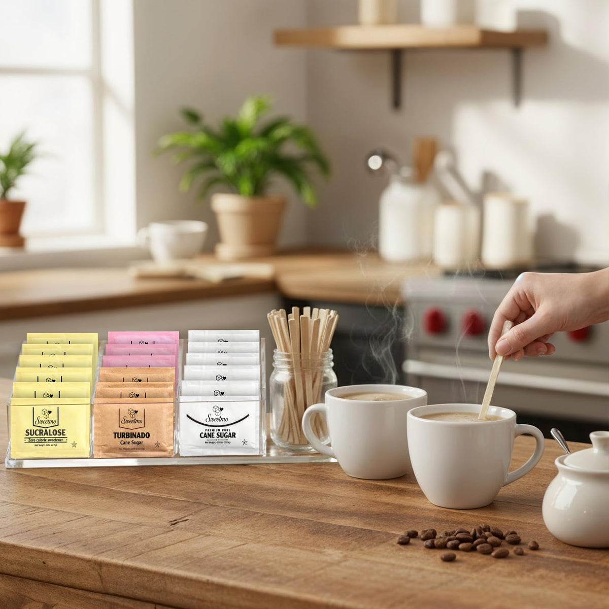 Sweetmo Sugar Packets Variety Pack - Sucralose, Raw Sugar, Saccharin, Cane Sugar with Wooden Stirrers - 400 Count for Coffee, Tea, Office Breakrooms, Home &amp; Airbnb