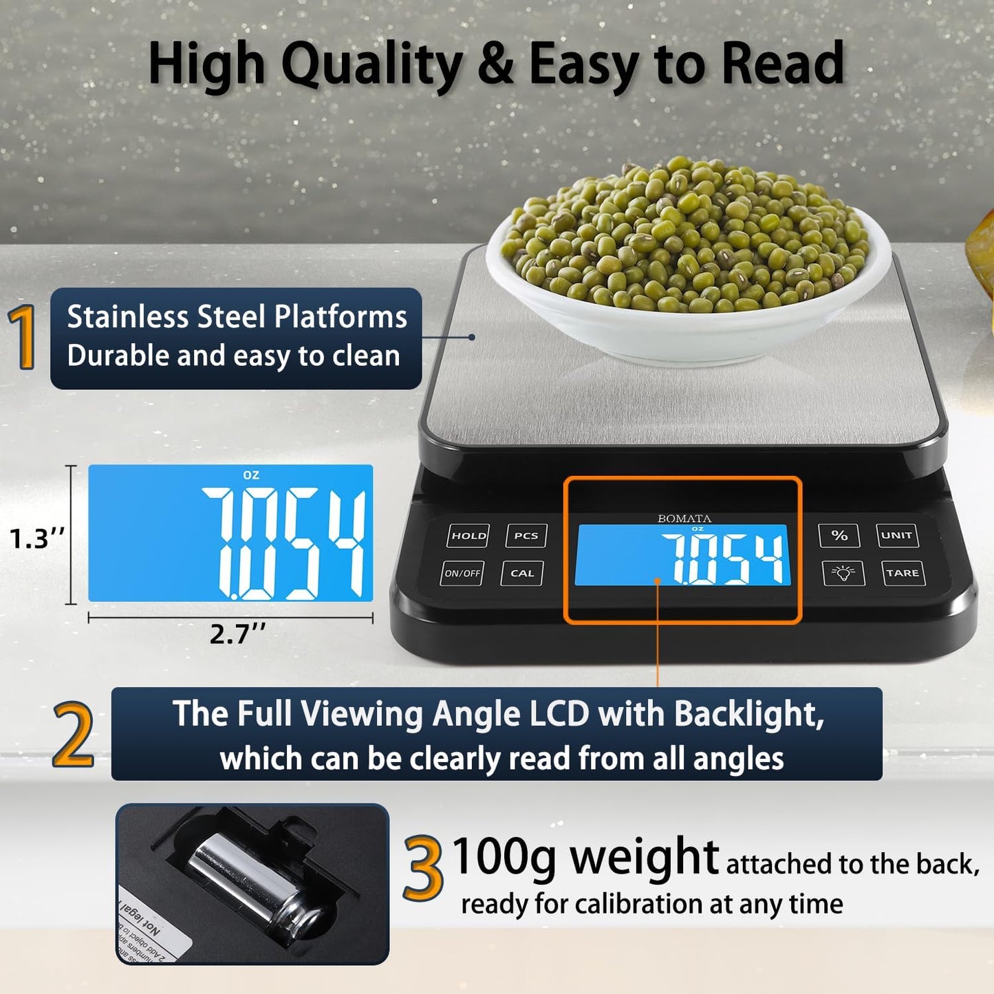BOMATA Large Kitchen Scale 0.1g/0.001oz High Precision, 11lb Bakery Scale | % Percentage Function, USB Rechargeable, Full-View Angle LCD with Backlight, Stainless Steel Pan
