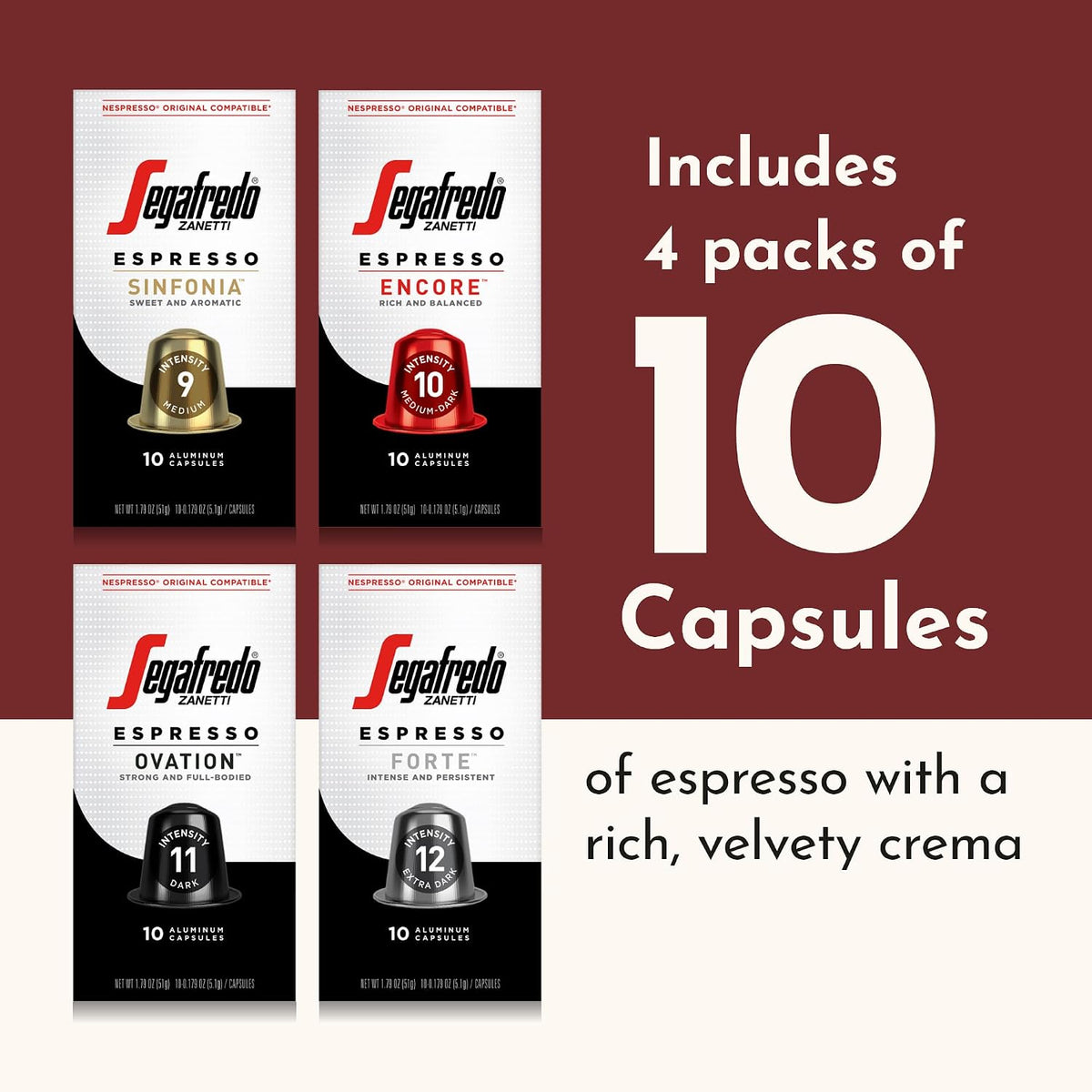 Segafredo Zanetti Espresso Capsules - Variety Pack, 4 Packs of 10 Pods | Medium, Medium-Dark, Dark &amp; Extra Dark Roast, Aluminum Pods for Nespresso Original Machines, Forte, Ovation,Encore &amp; Sinfonia