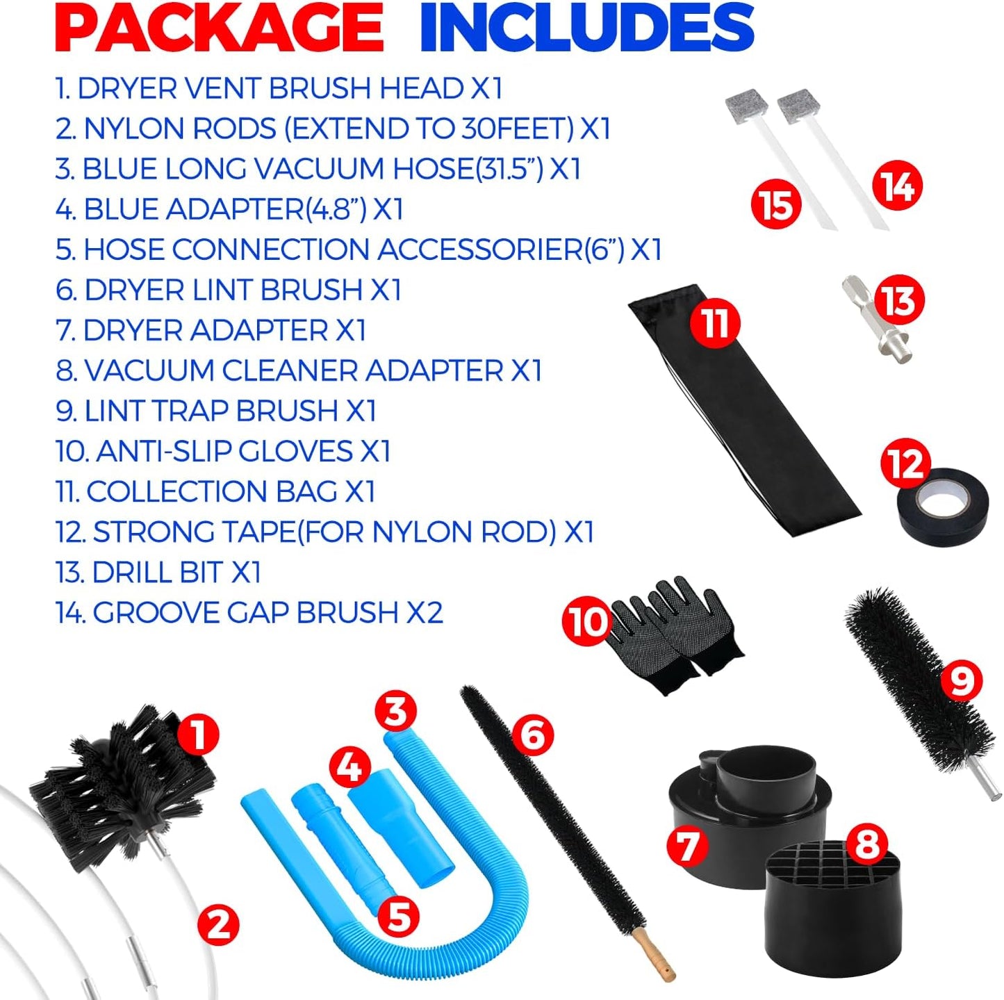 Holikme 30FT Dryer Vent Cleaner Kit 15Pcs - Lint Remover Brush Vacuum Tools