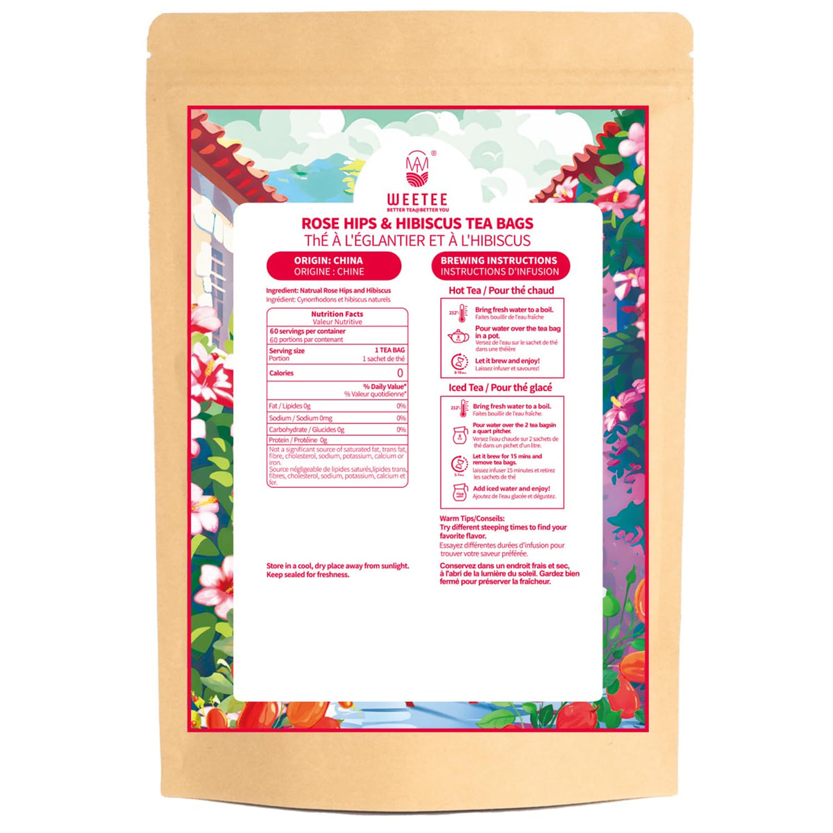 WT WEETEE Rosehips Hibiscus Tea Bags 60 Count, Caffeine-free &amp; Antioxidants