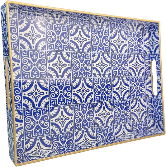 Serving Tray with Handles, Rectangular Decorative Trays for Coffee Table, Plastic Ottoman Tray for Living Room, Decor, Boho