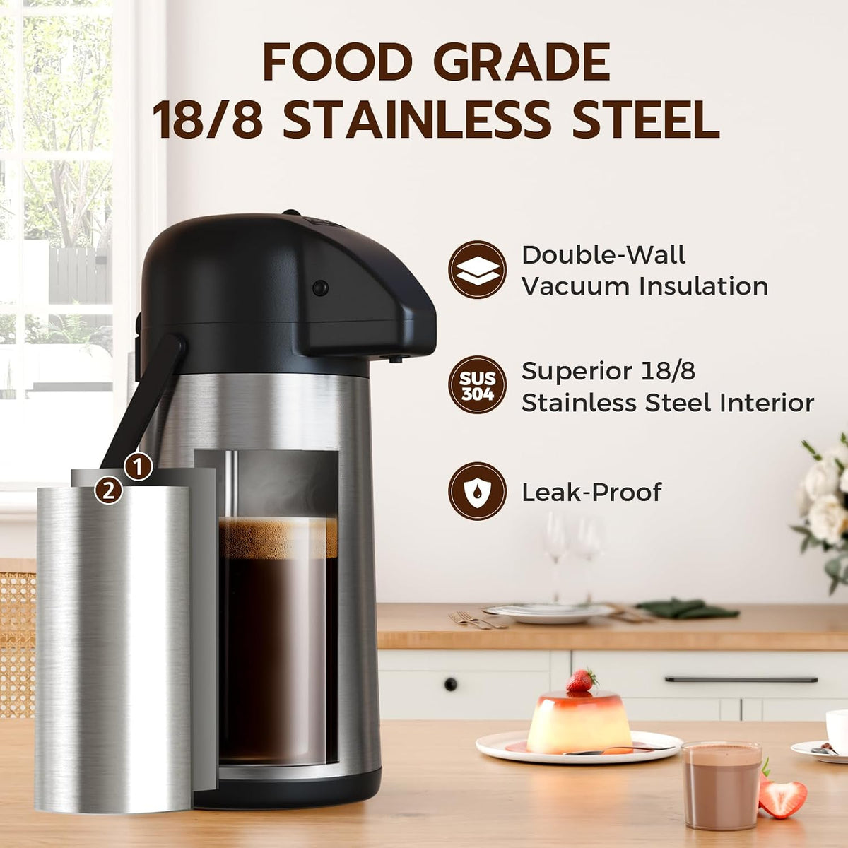 Coffee Carafe for Keeping Hot, 64OZ Airpot Coffee Dispenser with Pump | Large Thermal Coffee Urn for Hot Drinks Tea Liquid, 304 Insulated Stainless Steel Hot Water Beverage Dispenser for Parties