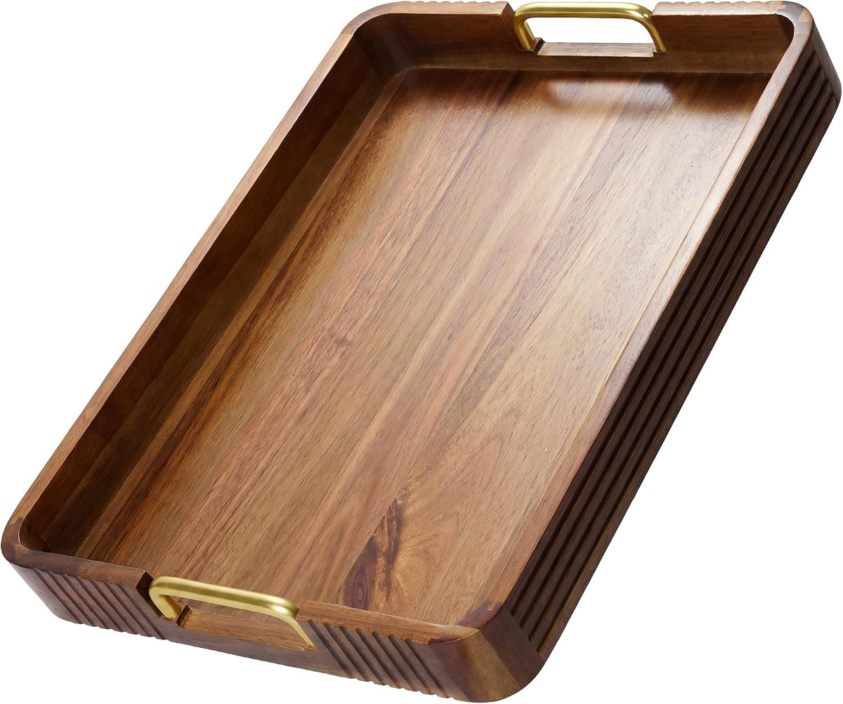Acacia Wood Serving Tray with Gold Handles (Natural, 17" x 13" x 2") | Decorative coffee table tray for living room &amp; ottoman tray with anti-slip pads, bar tray, Breakfast in Bed and gift box.