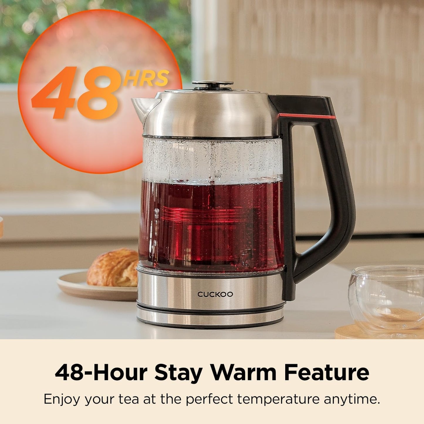CUCKOO 1.7L Glass Electric Kettle with Tea Infuser, CK-G170BS | Multi-Temperature Control, Color LED Indicators, Easy-to-Read Lights