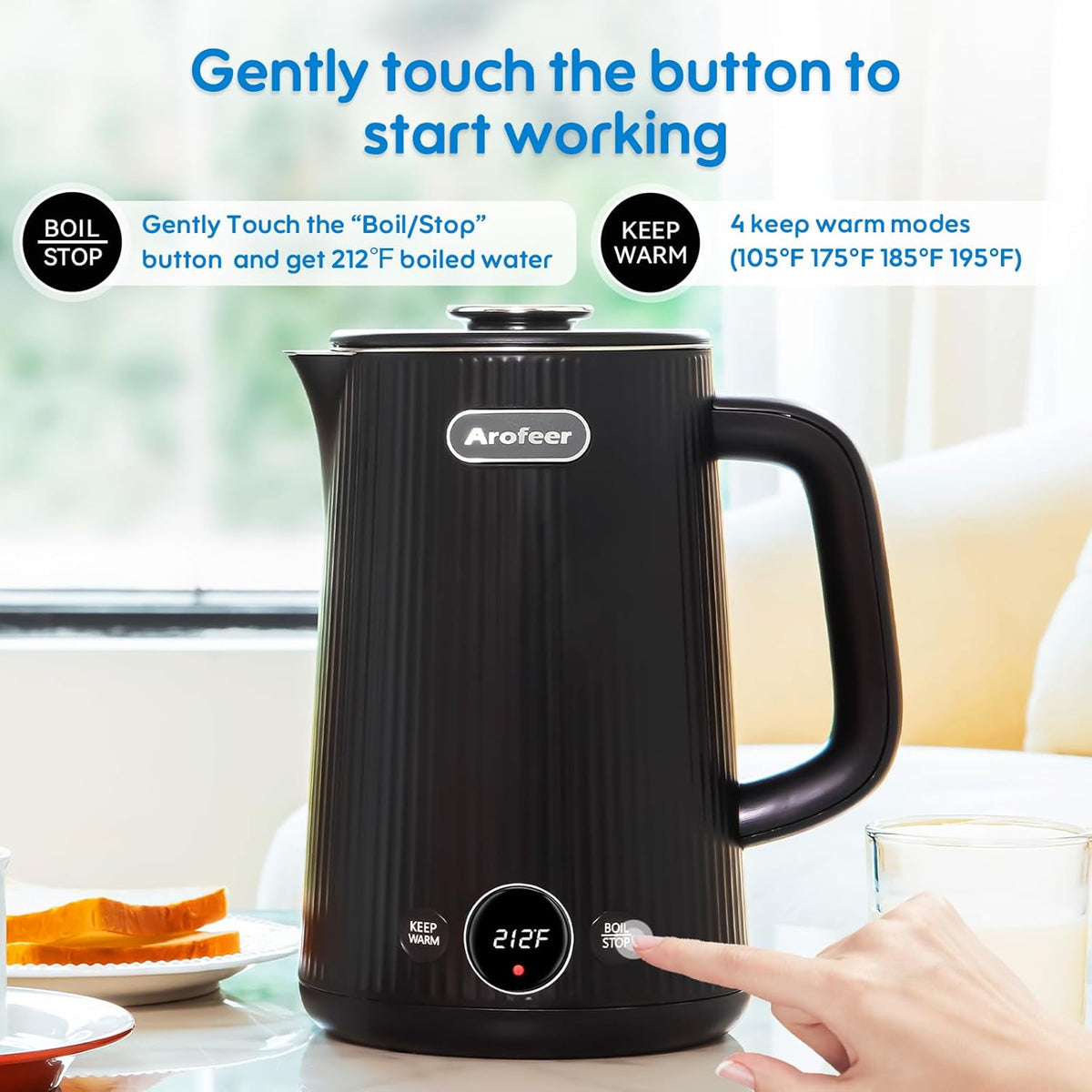 Arofeer® Electric Kettle Temperature Control, 1.7L Stainless Steel Electric Tea Kettle with LED Display, 5 Presets, 4-Hour Keep Warm, Fast Boil Hot Water Kettle for Tea, Coffee &amp; Oatmeal, Black