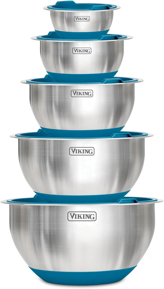 Viking Mixing Bowls Set, 10 Piece Stainless Steel Kitchen Cookware, Non-Slip Silicone Base, Includes Airtight Lids,