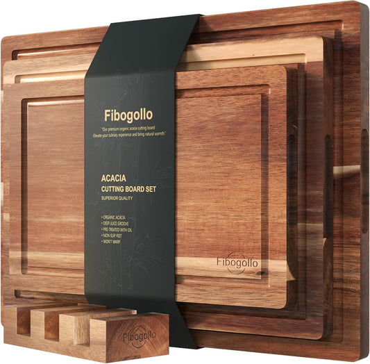Acacia Wood Cutting Boards for Kitchen(Set of 3),Wooden Chopping Boards Set with Juice Groove, Large Serving Board with