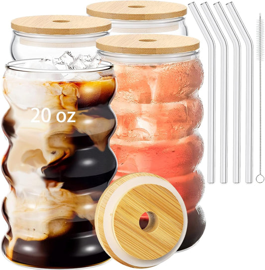 4 Pcs 20oz Drinking Glasses Set with Bamboo Lids and Straws, Cute Iced Coffee Glass Cups, Iced Coffee Tumblers, Thick