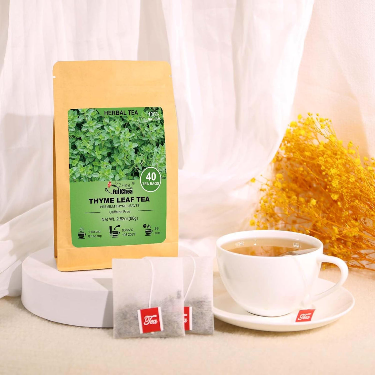 FullChea - Thyme Tea Bags, 40 Count, Dried Thyme Leaves | 100% pure dried thyme herbal tea, Non-GMO &amp; caffeine-free, easy to brew hot or iced