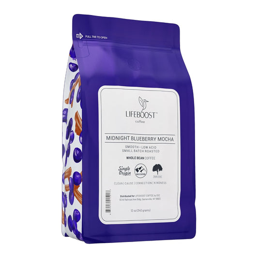 Lifeboost Midnight Blueberry Mocha Whole Bean Coffee - Non-GMO Wild Blueberry Low Acid Single Origin Coffee Beans - Third
