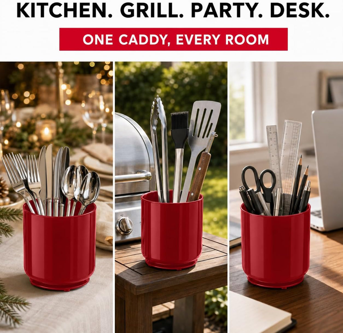 Extra Large Rotating Red Utensil Holder with Sturdy No-Tip Weighted Base, Removable Divider, and Gripped Insert | Rust Proof and Dishwasher Safe Kitchen Utensils Holder by Cooler Kitchen 7*7 Inches